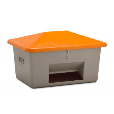 GRP Grit container "V" with anti-vandalism lid 550 l, grey/orange, with chute