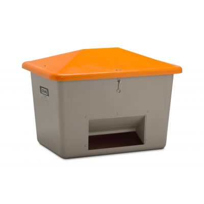 GRP Grit container "V" with anti-vandalism lid 700 l, grey/orange, with chute