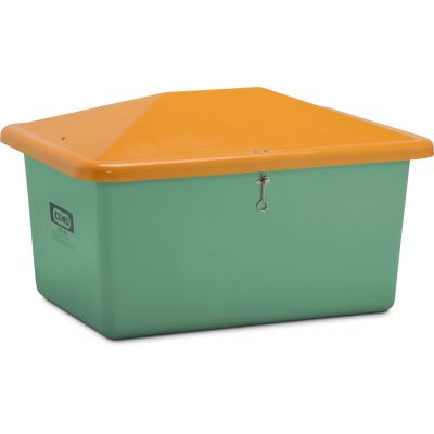 GRP Grit container "V" with anti-vandalism lid 550 l, green/orange, without chute
