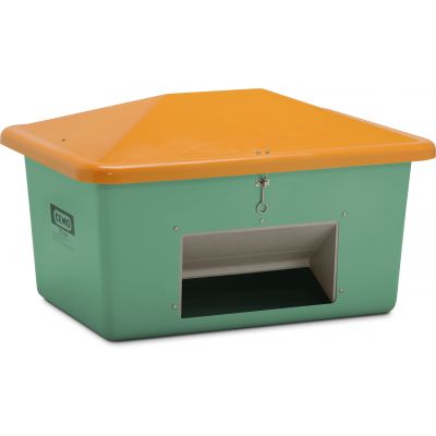 GRP Grit container "V" with anti-vandalism lid 550 l, green/orange, without chute
