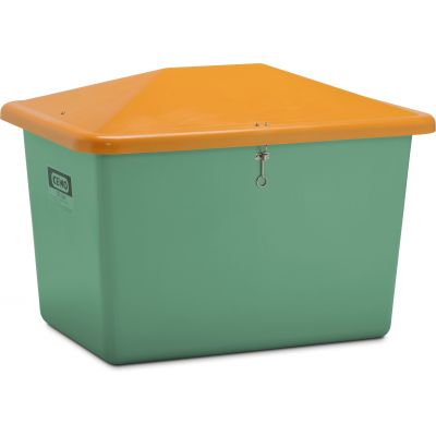 GRP Grit container "V" with anti-vandalism lid 700 l, green/orange, without chute